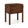 Wooden patio cooler with a brown pine wood frame, 54 qt capacity, and bottle opener, perfect for outdoor gatherings.