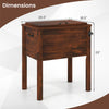 Wooden patio cooler with dimensions shown, featuring a solid pine wood frame and 54 qt capacity for outdoor gatherings.