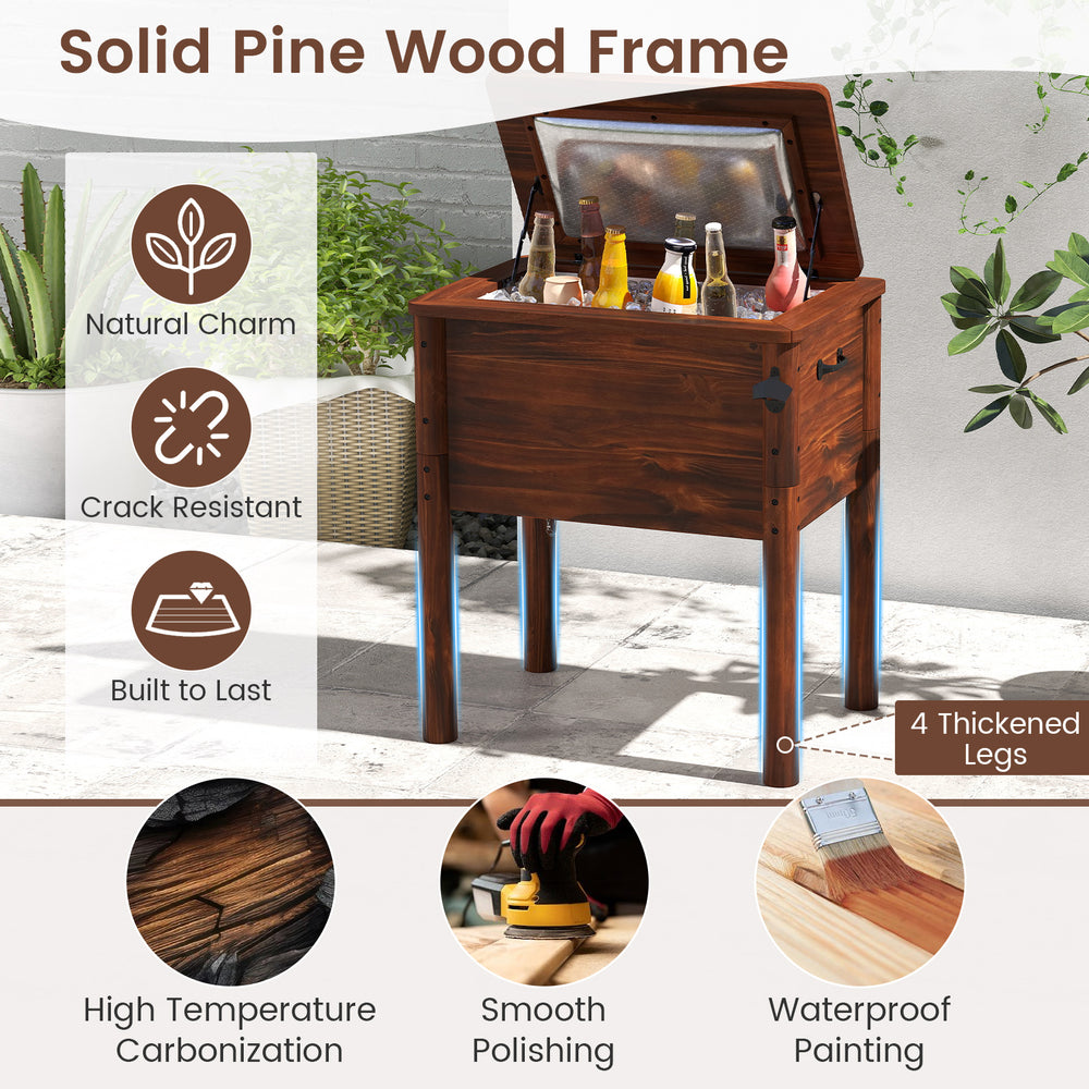 Wooden patio cooler with solid pine frame, 54 qt capacity, and bottle opener, perfect for outdoor gatherings.