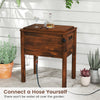 Wooden patio cooler in brown with 3 handles and bottle opener, ideal for outdoor gatherings and drink storage.