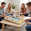 Wooden pinball machine with players enjoying the game, featuring 3 metal marbles and spring launcher for family fun.
