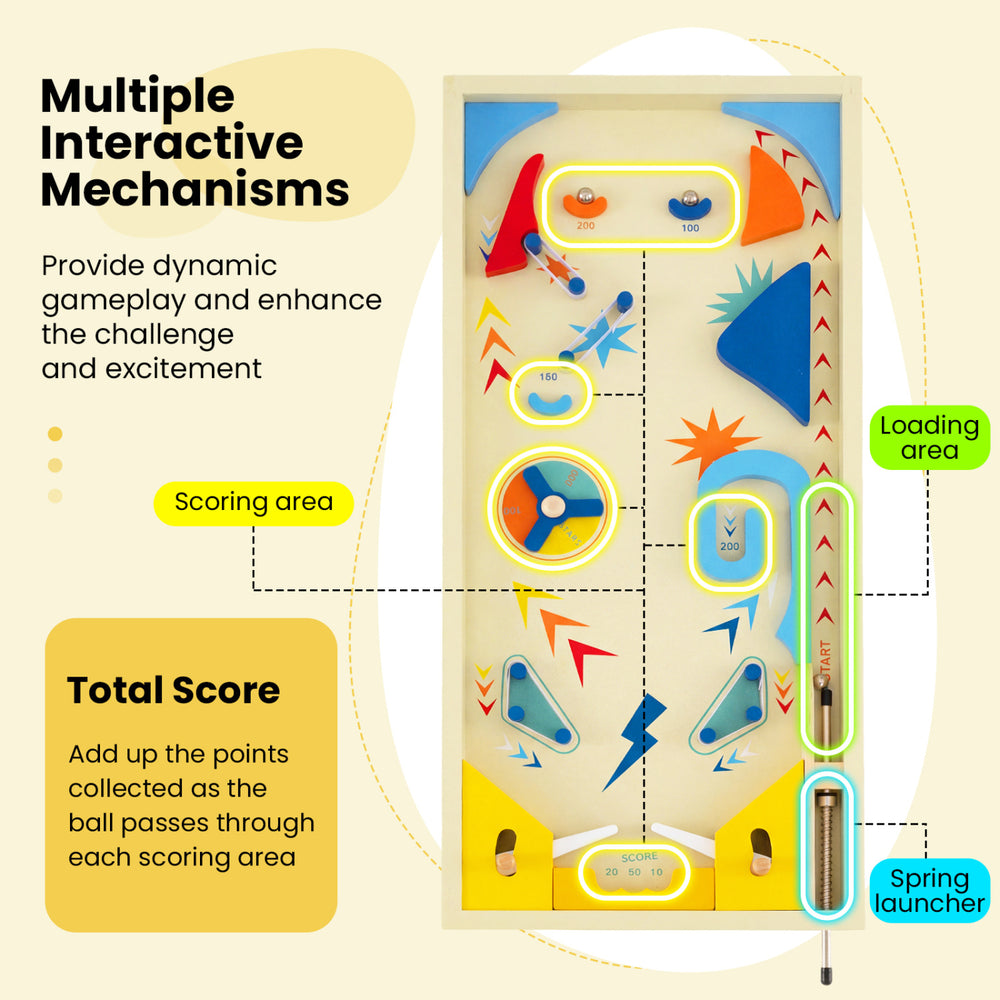 Wooden pinball machine with scoring area, spring launcher, and vibrant design for kids and adults' interactive fun.
