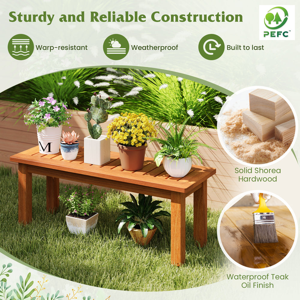 Wooden plant stand made of solid shorea hardwood with waterproof teak oil finish, ideal for indoor and outdoor use.