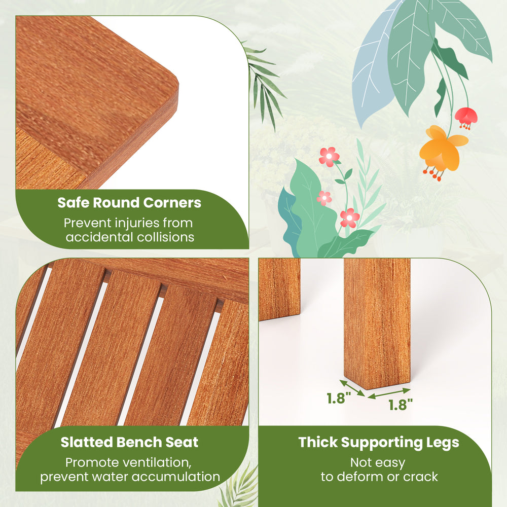 Close-up of the wooden plant stand's slatted bench seat, showcasing solid wood construction and weatherproof finish.