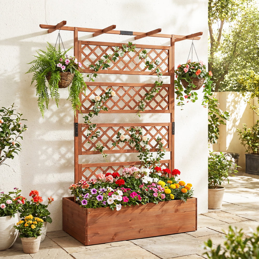 Wooden Planter Box with Lattice Trellis Raised Garden Bed Privacy Screen with Flat Roof-Brown - Gallery View 1 of 10