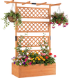 Wooden planter box with lattice trellis and flat roof, ideal for climbing plants and outdoor decoration.