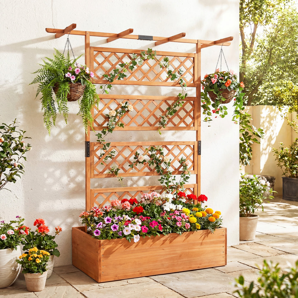 Wooden Planter Box with Lattice Trellis Raised Garden Bed Privacy Screen with Flat Roof-Orange - Gallery View 1 of 10
