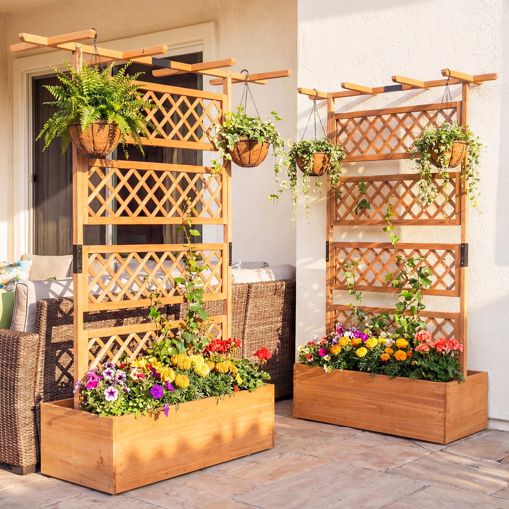 Wooden planter box with vibrant flowers and lattice trellis, providing vertical support and decorative privacy for.