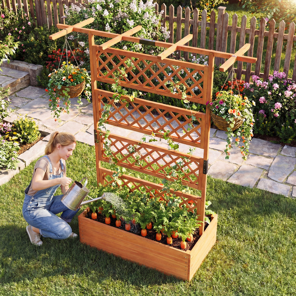 Wooden planter box with lattice trellis, ideal for climbing plants, featuring a flat roof and natural fir construction.