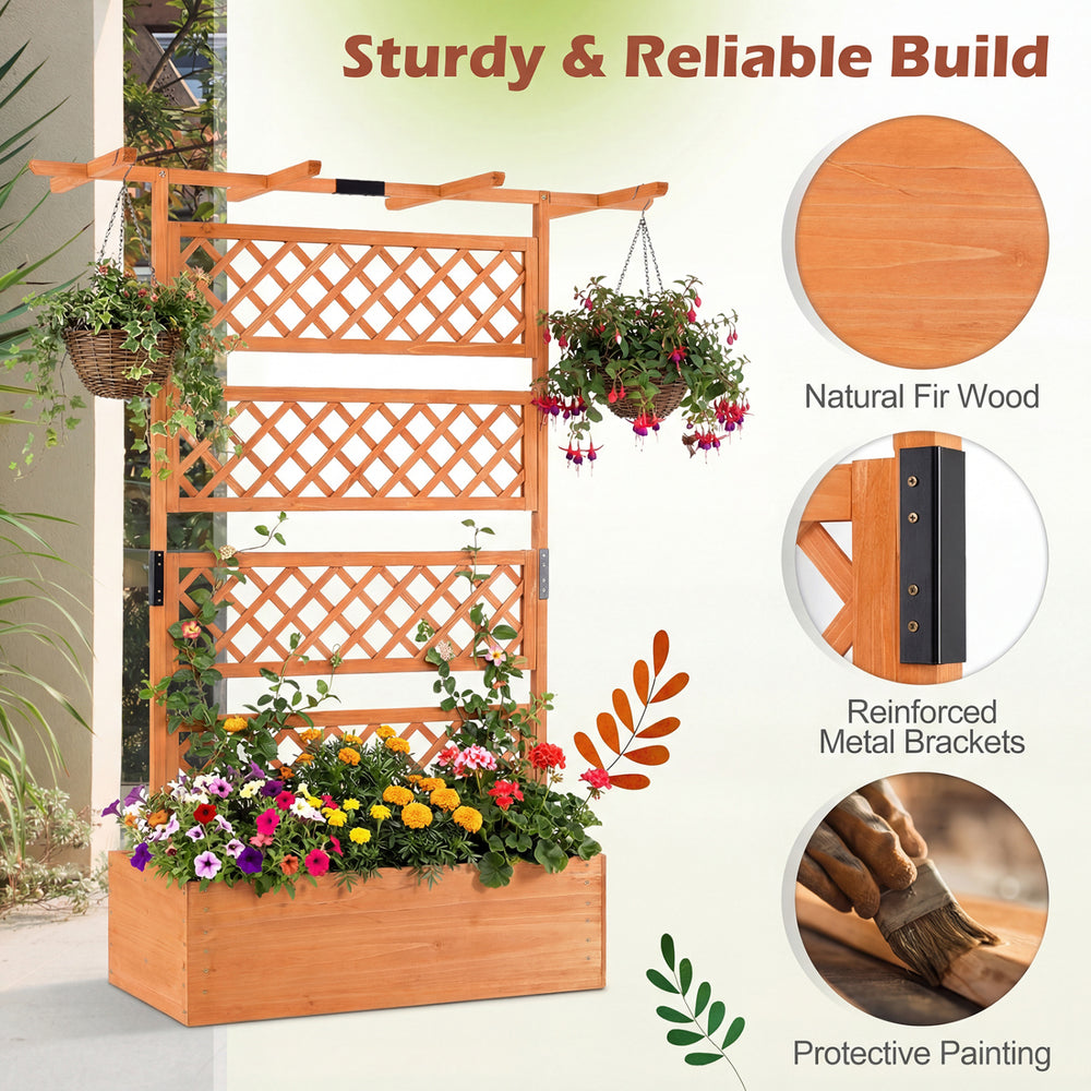 Wooden planter box with lattice trellis, natural fir wood, ideal for climbing plants and outdoor decoration.