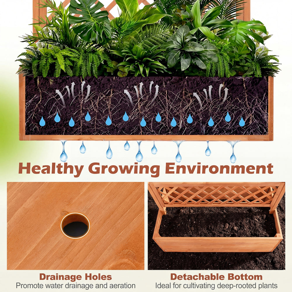 Wooden planter box with lattice trellis, featuring drainage holes and detachable bottom for deep-rooted plants.