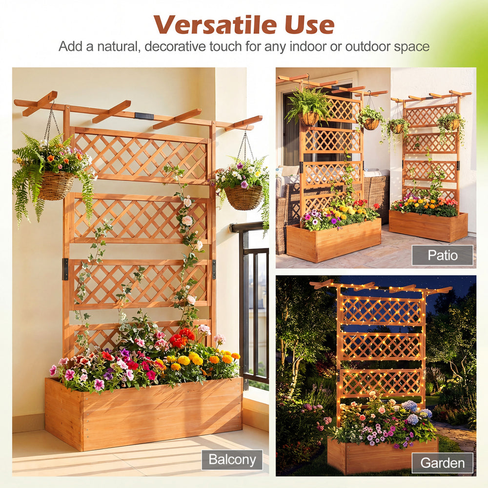 Wooden planter box with flat roof and lattice trellis, perfect for vibrant flowers and enhancing outdoor aesthetics.