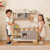 Wooden play kitchen toy set for kids in white with accessories, featuring interactive knobs and ample storage space.