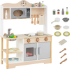 Wooden play kitchen set for kids in white, featuring interactive knobs, 13 accessories, and ample storage for play food.