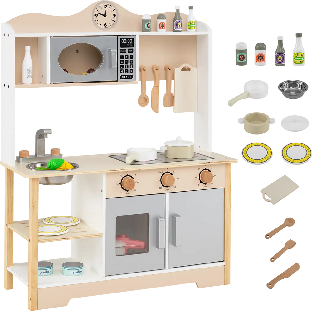 Wooden play kitchen set for kids in white, featuring interactive knobs, 13 accessories, and ample storage for play food.