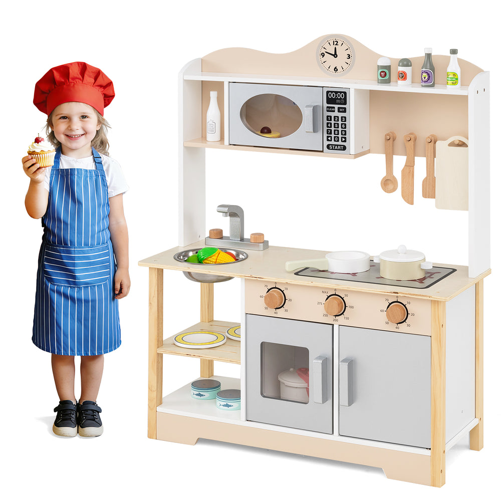 Wooden play kitchen toy set for kids with realistic features, includes 13 accessories, ample storage, and interactive.