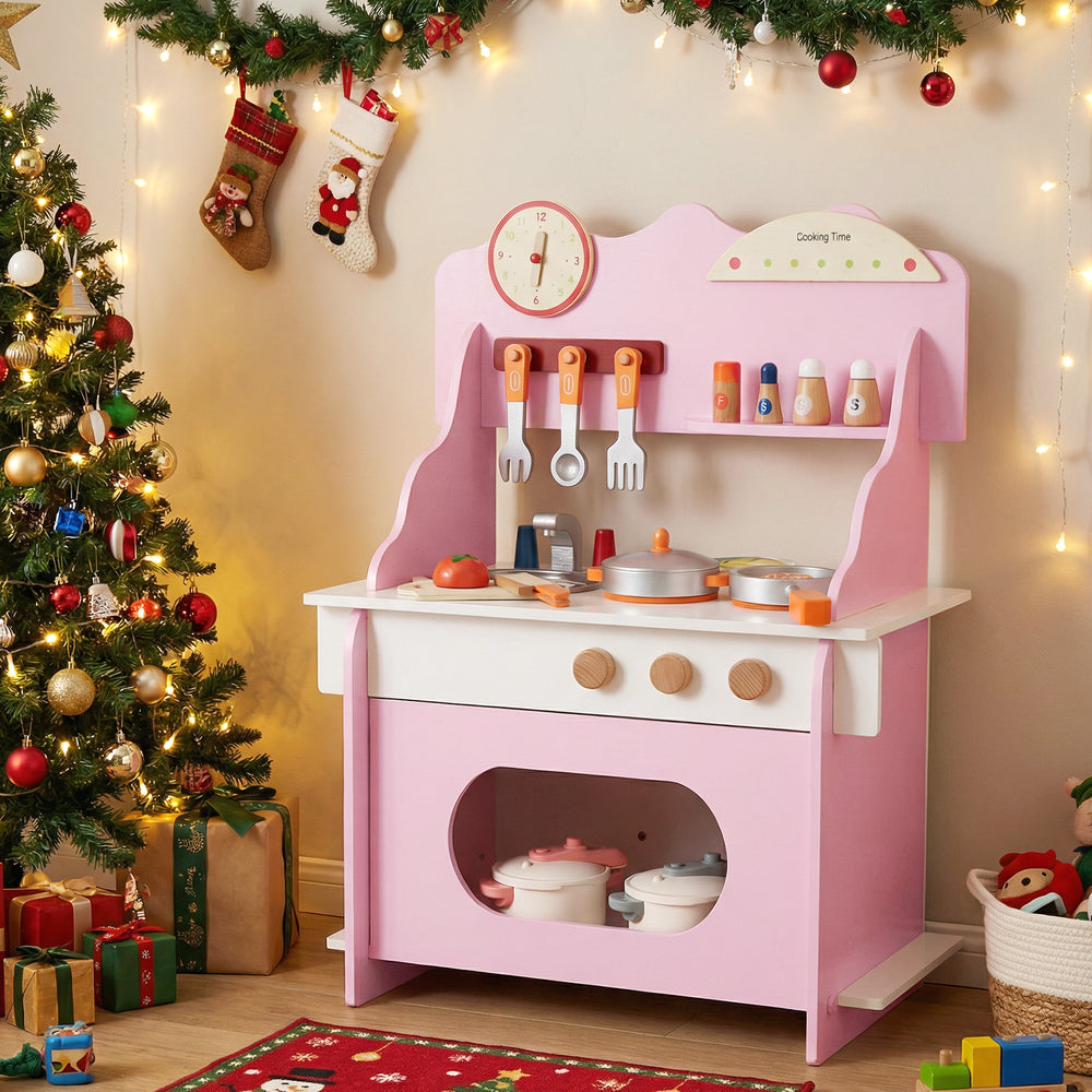 Wooden Play Kitchen for Kids Pretend Play Toy Kitchen Set with Clock Gift for Boys and Girls 3 +Pink - Gallery View 1 of 10