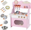 Wooden play kitchen set in pink with accessories, clock, and storage for imaginative pretend play for kids aged 3+.