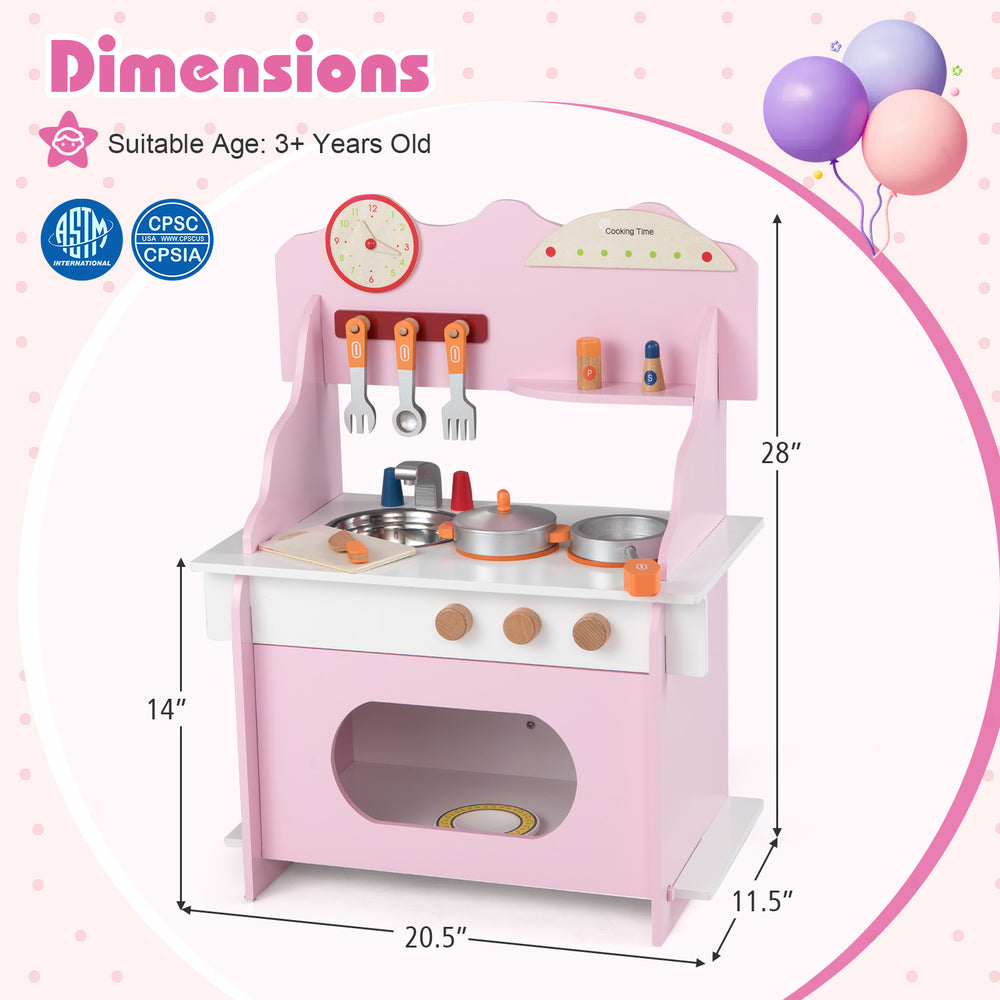 Wooden play kitchen set in pink with clock, features multiple accessories for imaginative pretend play, suitable for.