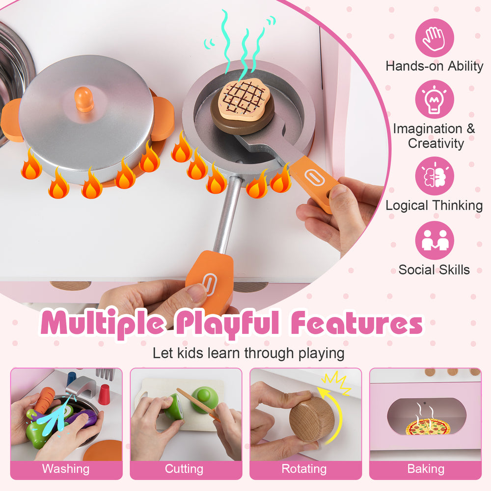Wooden play kitchen set for kids in pink, featuring cutting, washing, and stirring accessories for imaginative play.