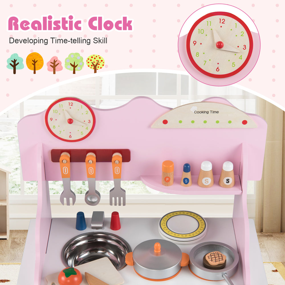 Wooden play kitchen set in pink featuring a realistic clock, enhancing time-telling skills for imaginative pretend play.