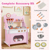 Wooden play kitchen set in pink with clock, complete accessory kit, ideal for pretend play and developing creativity.