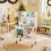 Wooden play kitchen for kids in retro style, featuring lights, sounds, and accessories for imaginative cooking play.