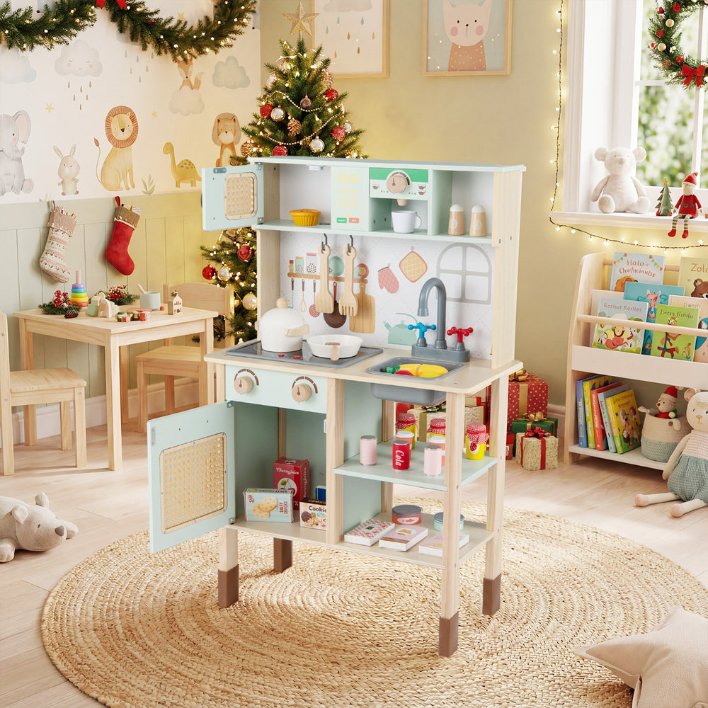Wooden play kitchen for kids in retro style, featuring lights, sounds, and accessories for imaginative cooking play.