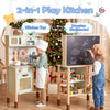 Wooden play kitchen for kids in retro style with accessories, featuring a blackboard and realistic stove sounds and.