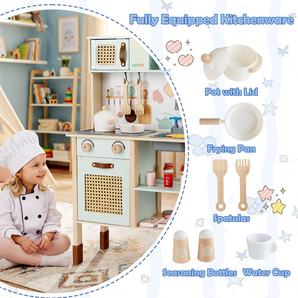 Wooden play kitchen for kids in retro green, featuring lights, sounds, and accessories for imaginative cooking play.