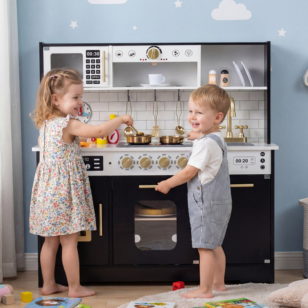 Wooden Play Kitchen for Kids with Realistic Lights and Sounds-Black - Gallery View 1 of 12