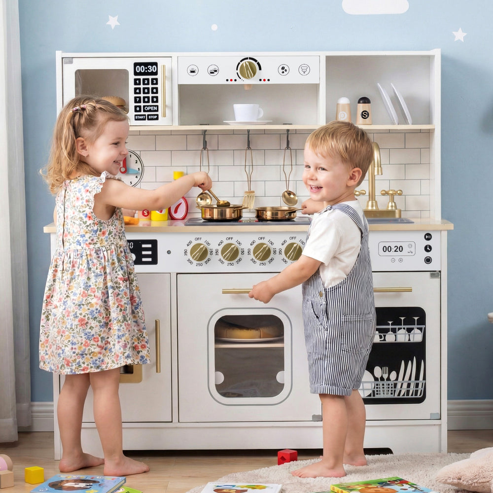Wooden Play Kitchen for Kids with Realistic Lights and Sounds-White - Gallery View 1 of 12
