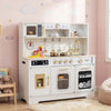Wooden play kitchen for kids in white with realistic lights, sounds, and various appliances for imaginative play.