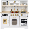 Wooden play kitchen for kids featuring realistic lights, sounds, and various appliances for imaginative play.