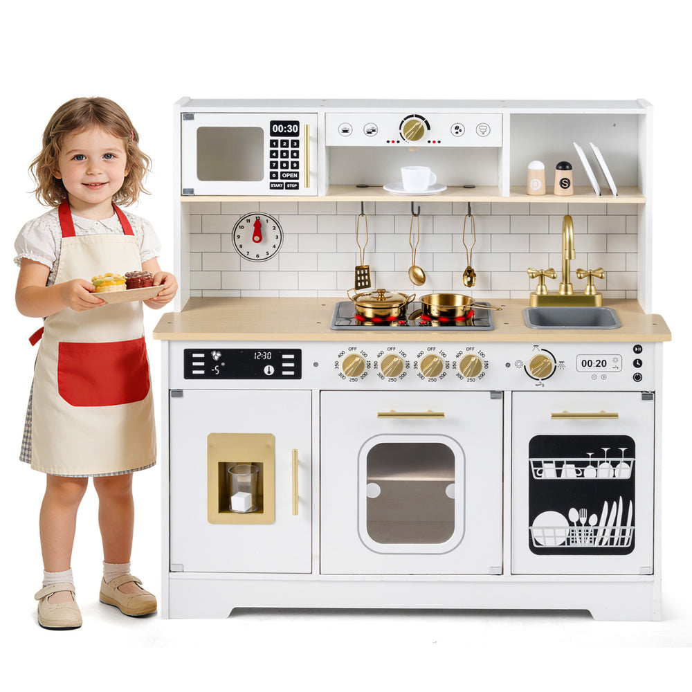 Wooden play kitchen for kids in white with realistic lights, sounds, and accessories for imaginative play.