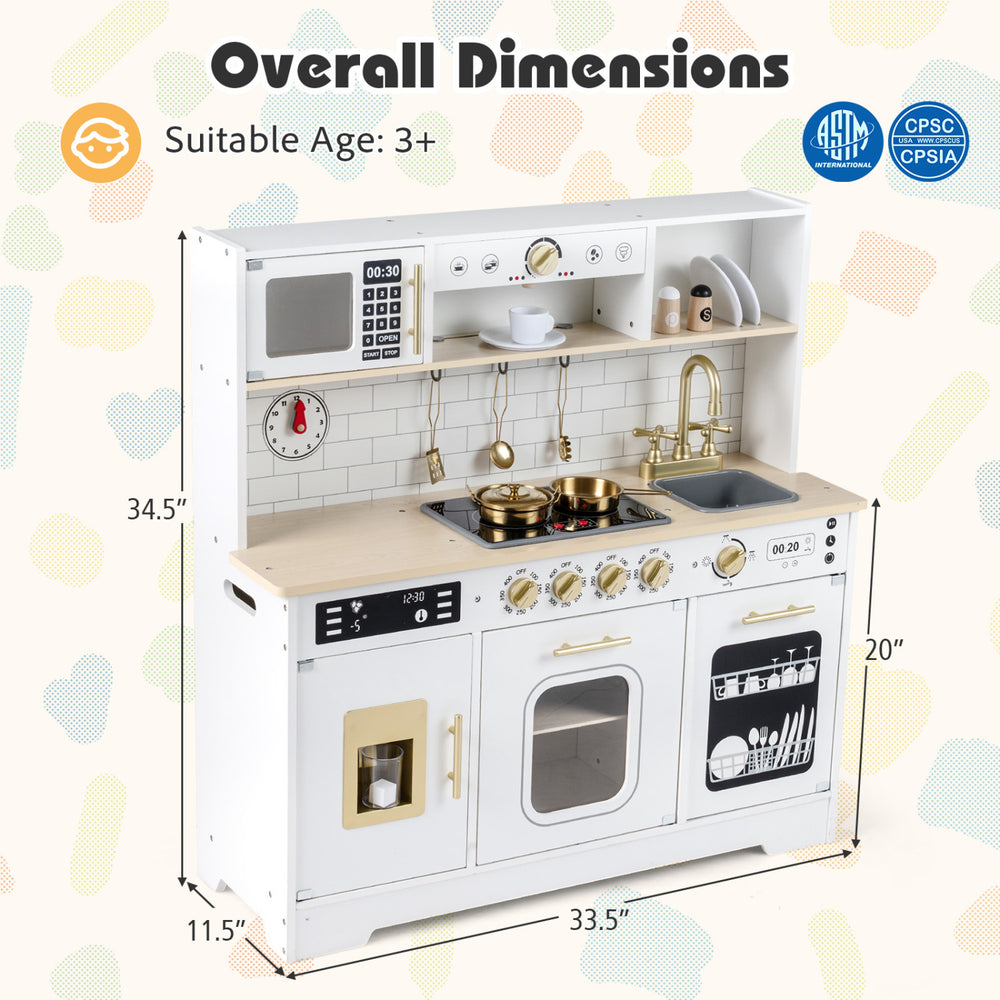 Wooden play kitchen for kids featuring realistic lights, sounds, and multiple accessories for imaginative play.