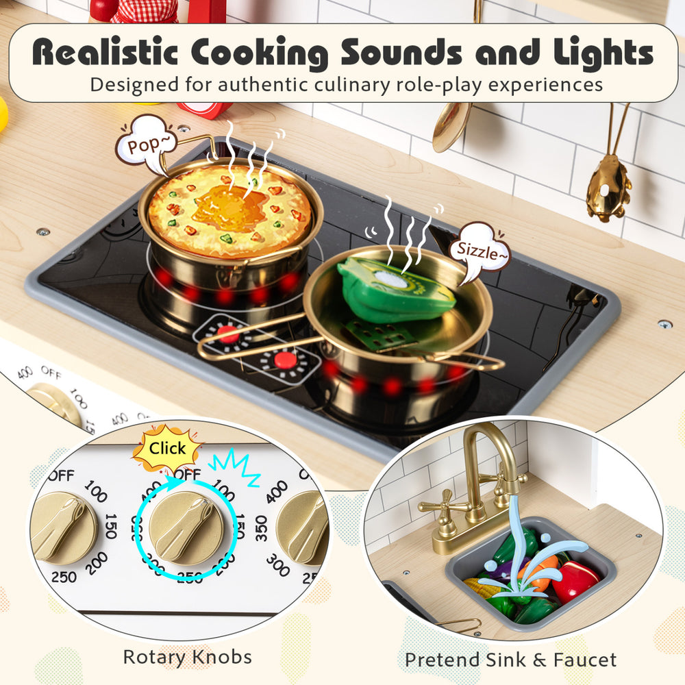 Wooden play kitchen with realistic cooking sounds, lights, and rotary knobs, featuring a pretend sink and faucet for.