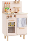 Wooden play kitchen for kids in beige with stove, sink, and utensils, designed for imaginative role-play and organization.