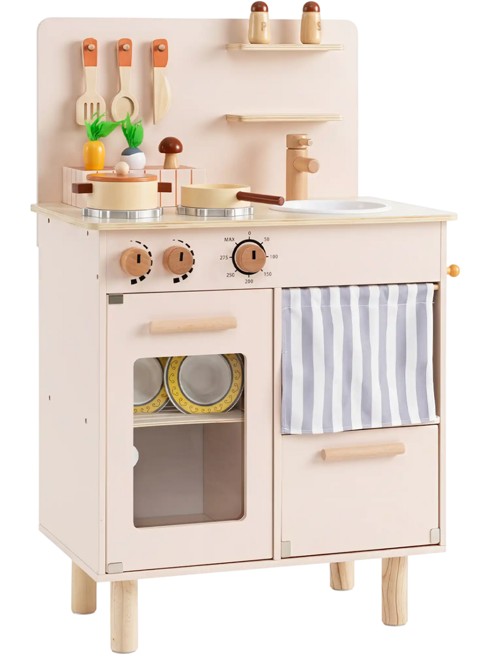 Wooden play kitchen for kids in beige with stove, sink, and utensils, designed for imaginative role-play and organization.