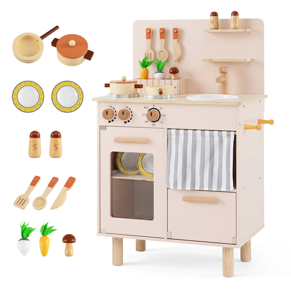 Wooden play kitchen set in beige features stoves, sink, utensils, and toy foods for imaginative role-play fun.
