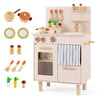 Wooden play kitchen set in beige features stoves, sink, utensils, and toy foods for imaginative role-play fun.