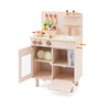 Wooden play kitchen for kids in beige with stoves, sink, utensils, and ample storage for imaginative role-play fun.