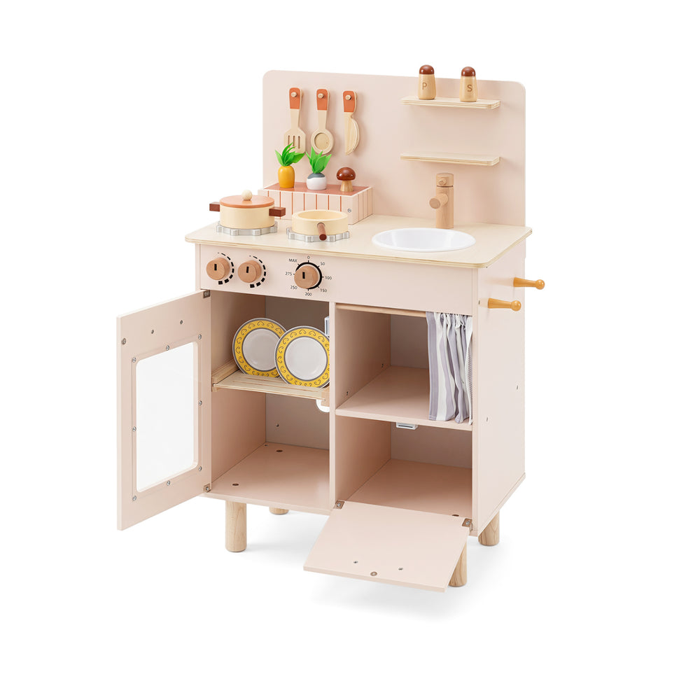 Wooden play kitchen for kids in beige with stoves, sink, utensils, and ample storage for imaginative role-play fun.