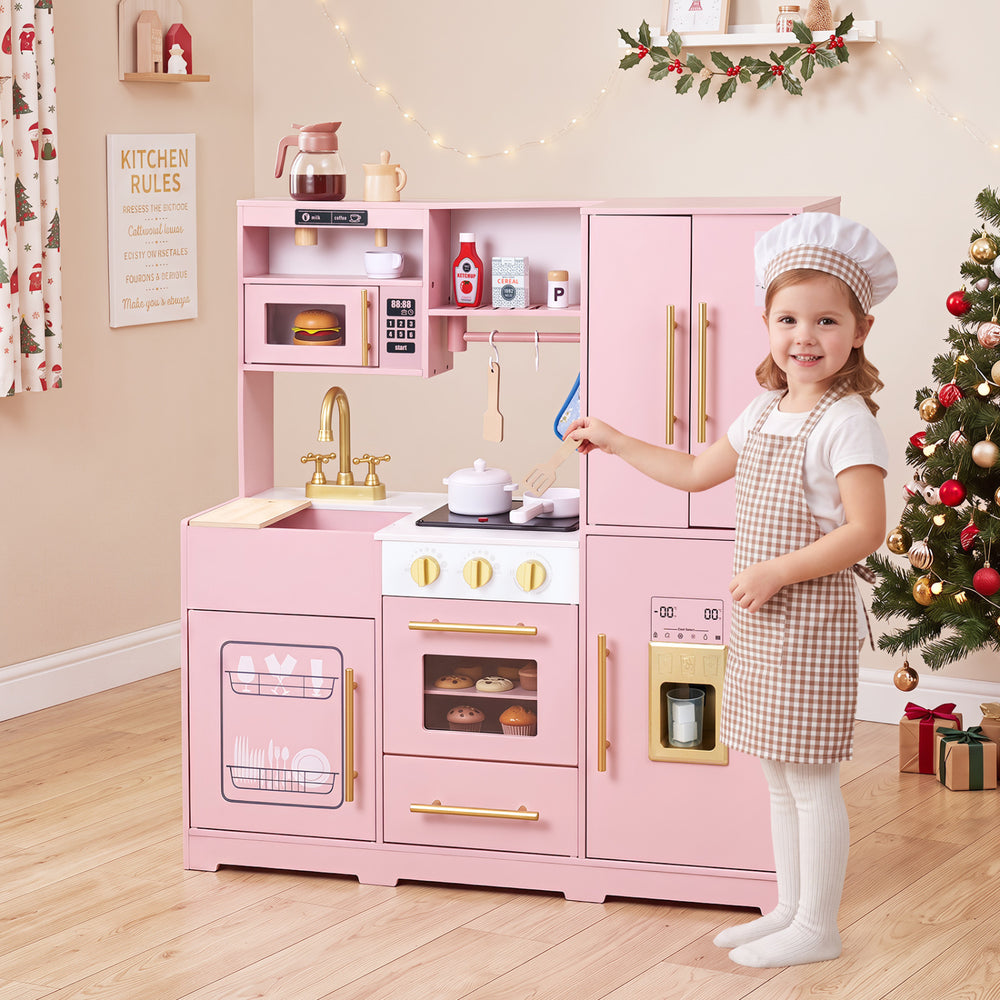Wooden play kitchen set in pink and white features realistic lights and sounds, perfect for imaginative cooking fun.