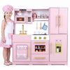 Wooden play kitchen set in pink and white features realistic lights and sounds, perfect for imaginative cooking play.