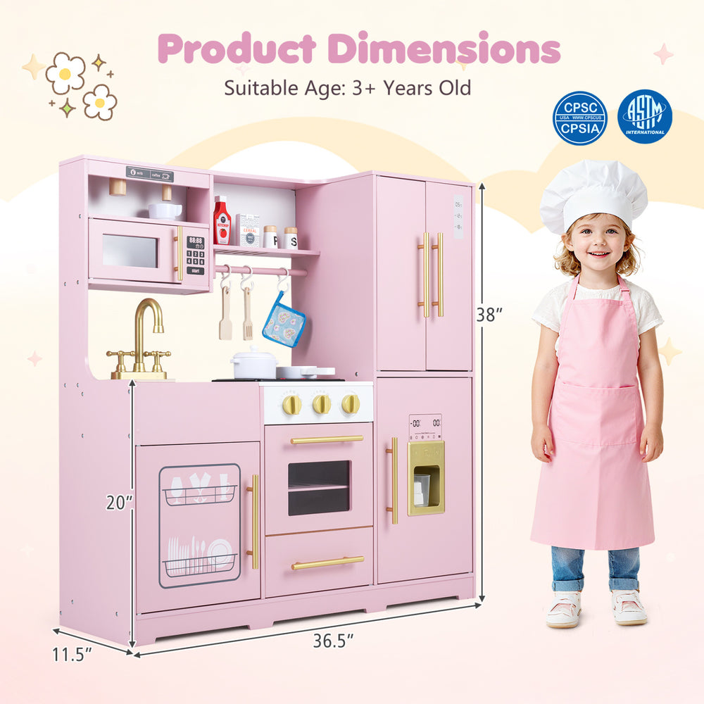 Wooden play kitchen set in pink and white features realistic lights, sounds, and multiple play zones for kids aged 3+.