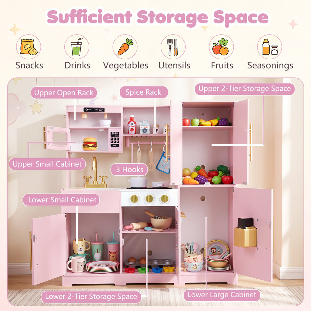 Wooden play kitchen for kids in pink and white with realistic lights, sounds, and ample storage for accessories.