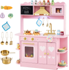 Wooden play kitchen for kids in pink with glowing stoves, realistic sounds, and a complete cookware set for imaginative play.