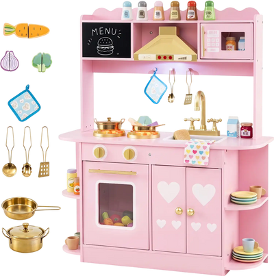 Costway Wooden Play Kitchen Lights Sounds Stove Oven Toddler 84042838 New