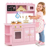 Wooden play kitchen in pink with glowing stoves, realistic sounds, and multiple storage options for engaging pretend cooking.